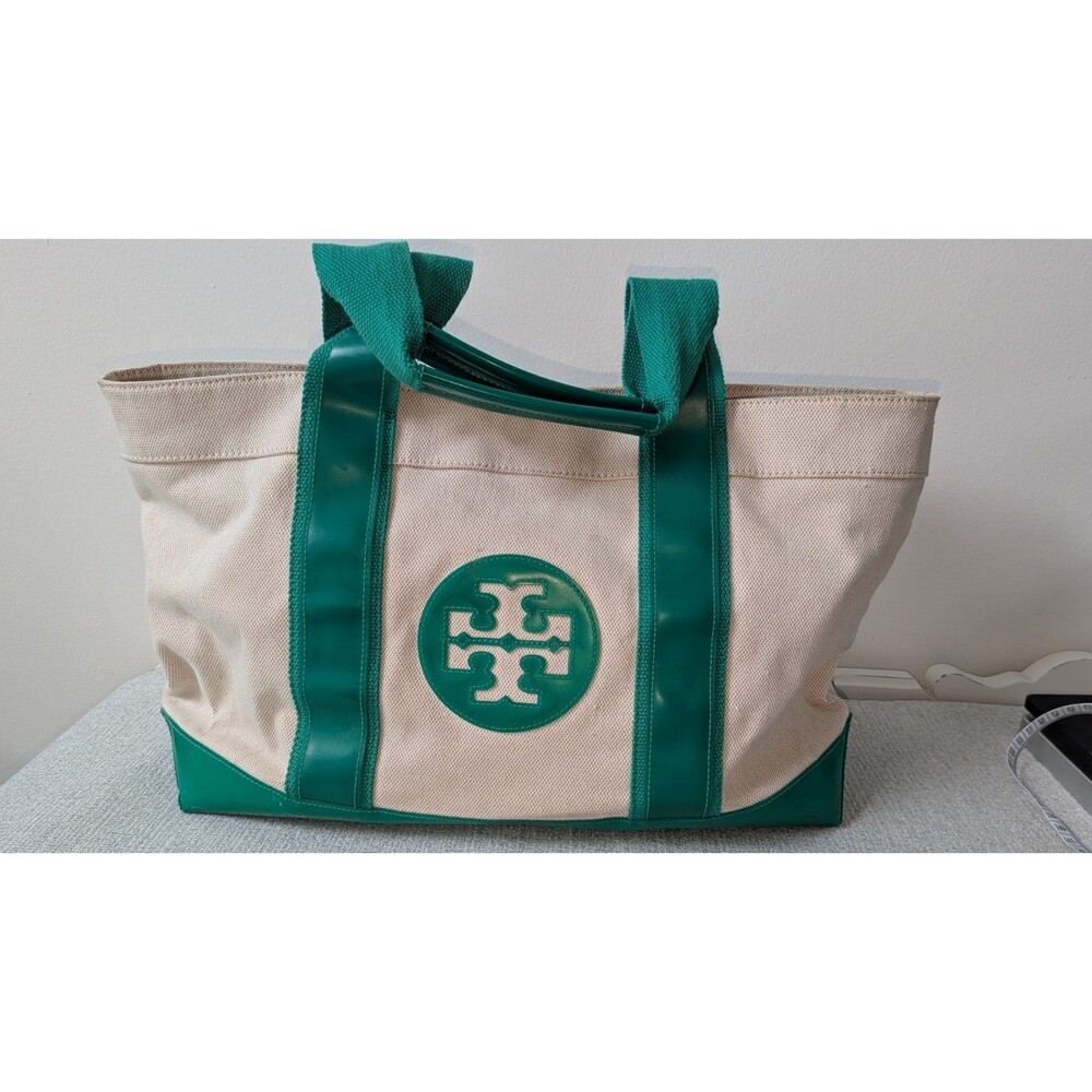 Tory Burch Ivory Canvas And Green Vinyl Tote 17" X 10"